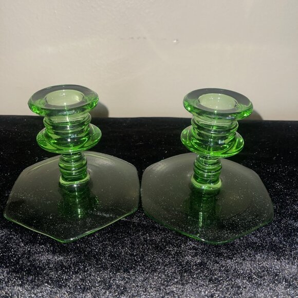 Vintage Green Depression Glass Hexagonal Base Candlestick Holders Set Of 2 - Picture 16 of 16